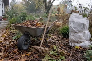 Herbstlicher Garten mit Laub in der Schubkarre, Rechen und einem mit Vlies geschützten Strauch