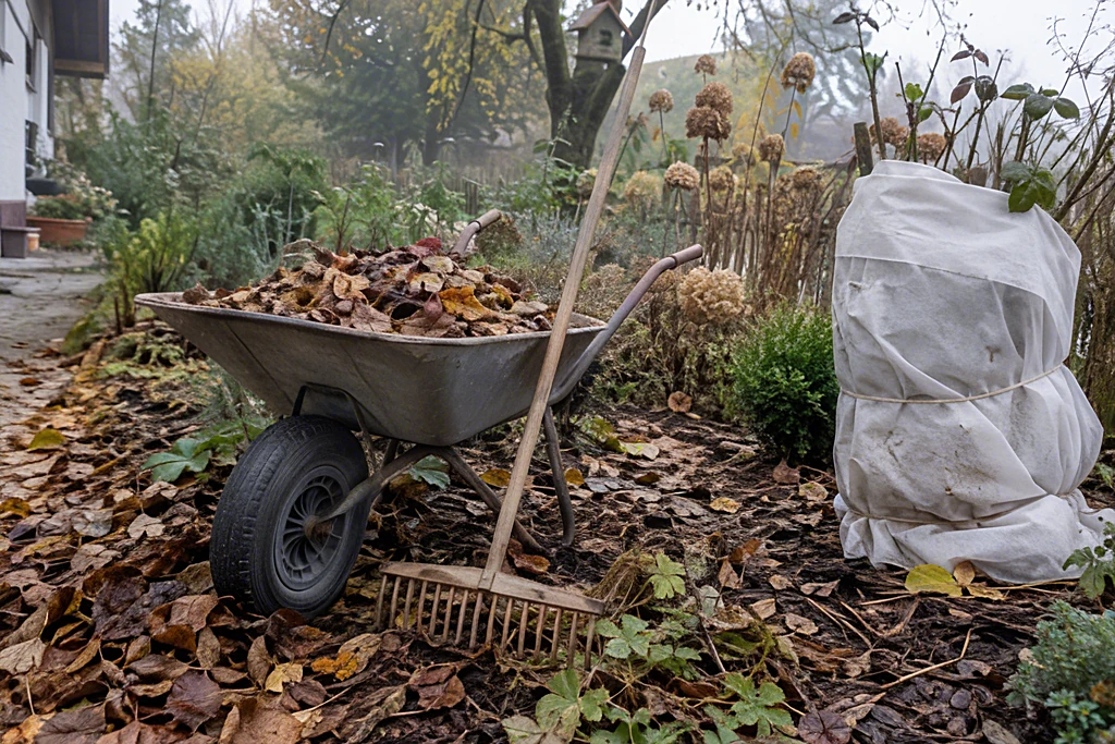 Herbstlicher Garten mit Laub in der Schubkarre, Rechen und einem mit Vlies geschützten Strauch